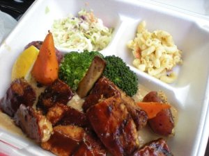 Cajun BBQ tempeh with root vegetables from Wellbento in Honolulu